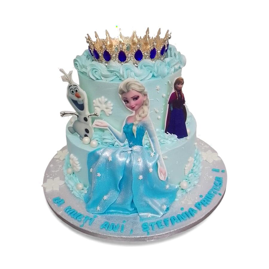 Tort bleu cu personaje din desene și coroniță deasupra